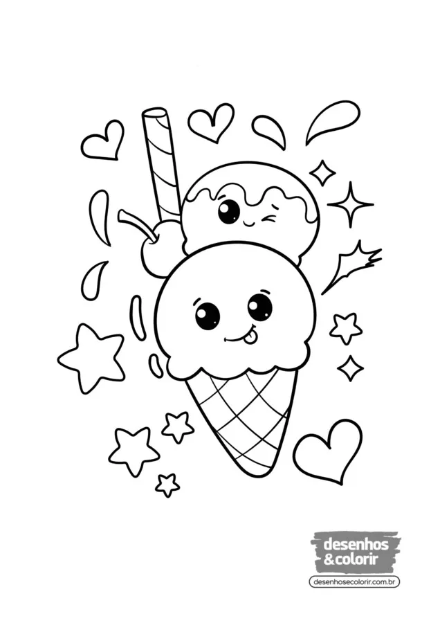 Sorvete Kawaii para imprimir e colorir