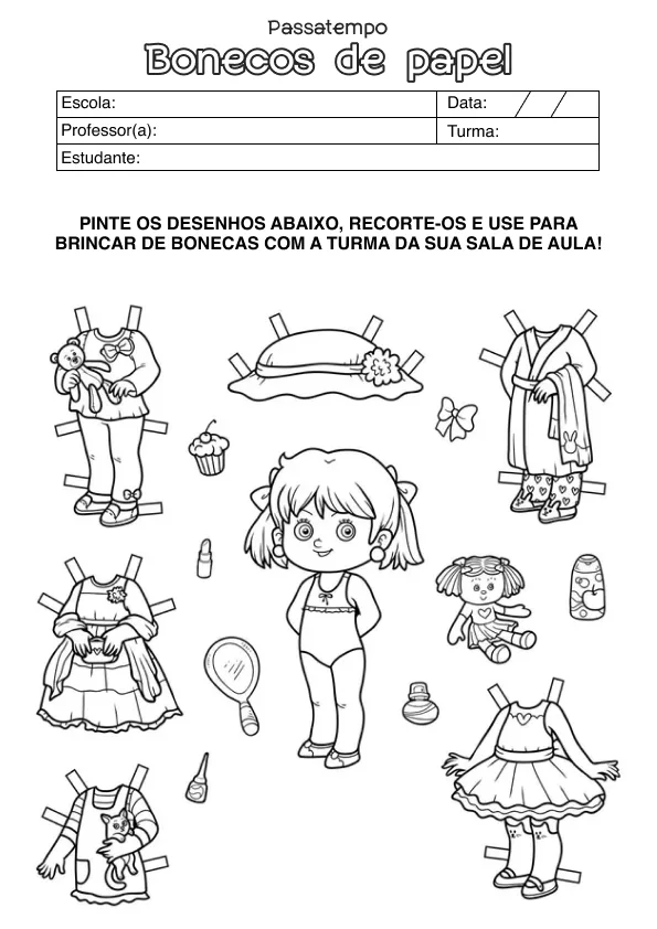 Atividade de alfabetização de boneco de papel