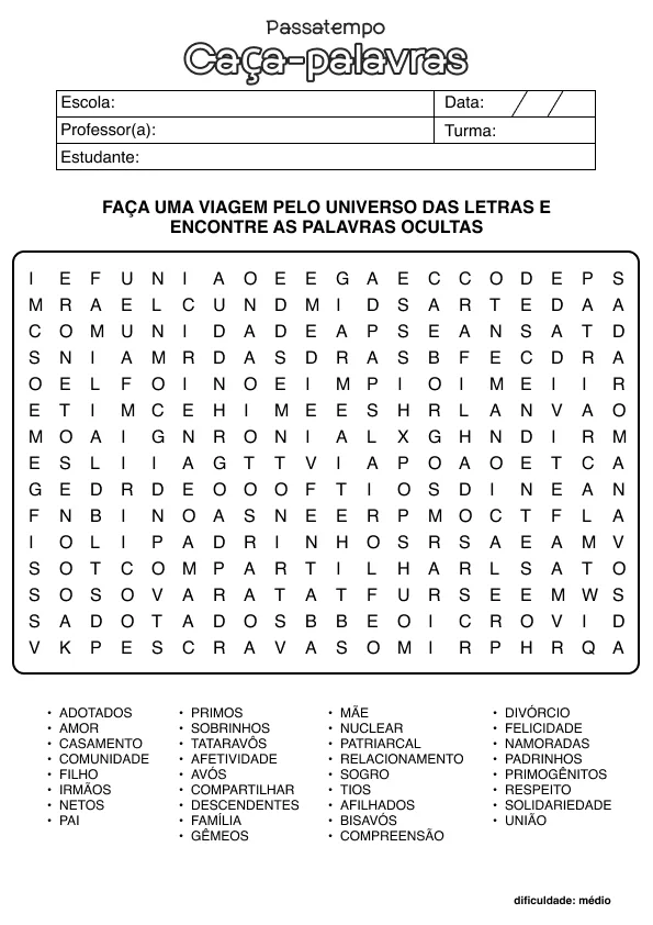 Atividade de alfabetização de caça-palavras