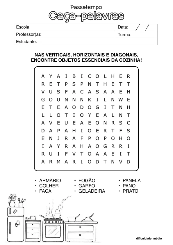 Atividade de alfabetização de caça-palavras
