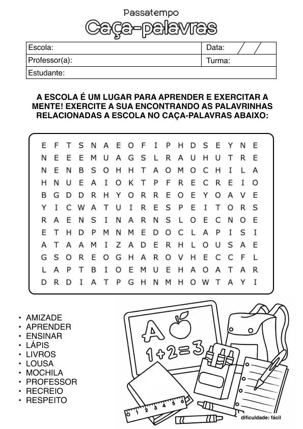 Atividade de alfabetização de caça-palavras