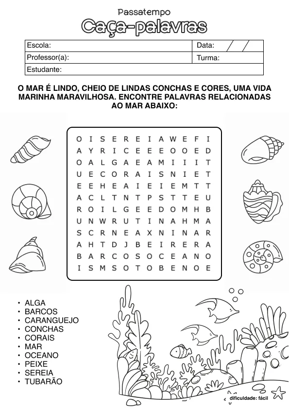 Atividade de alfabetização de caça-palavras