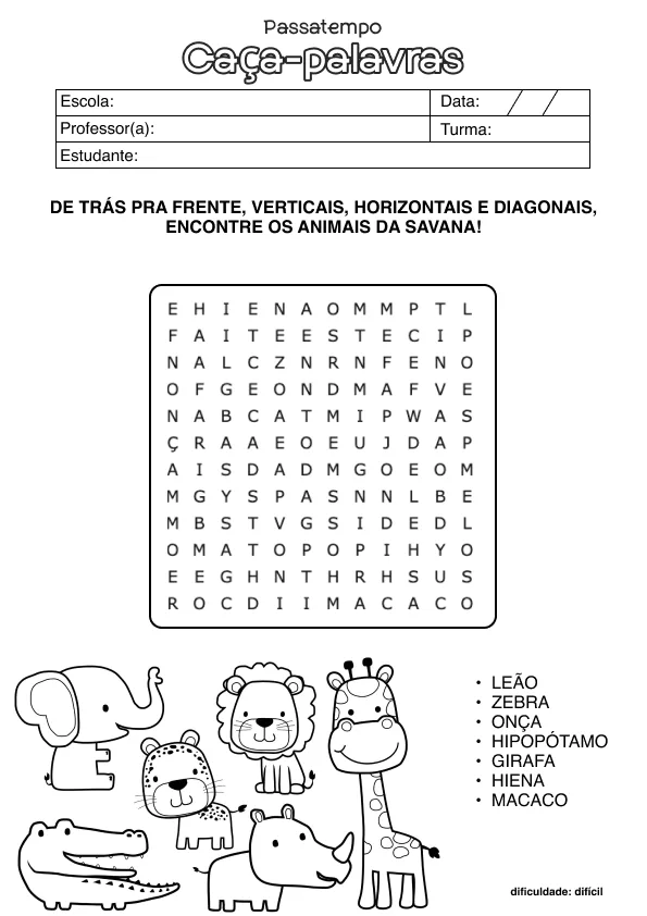 Atividade de alfabetização de caça-palavras
