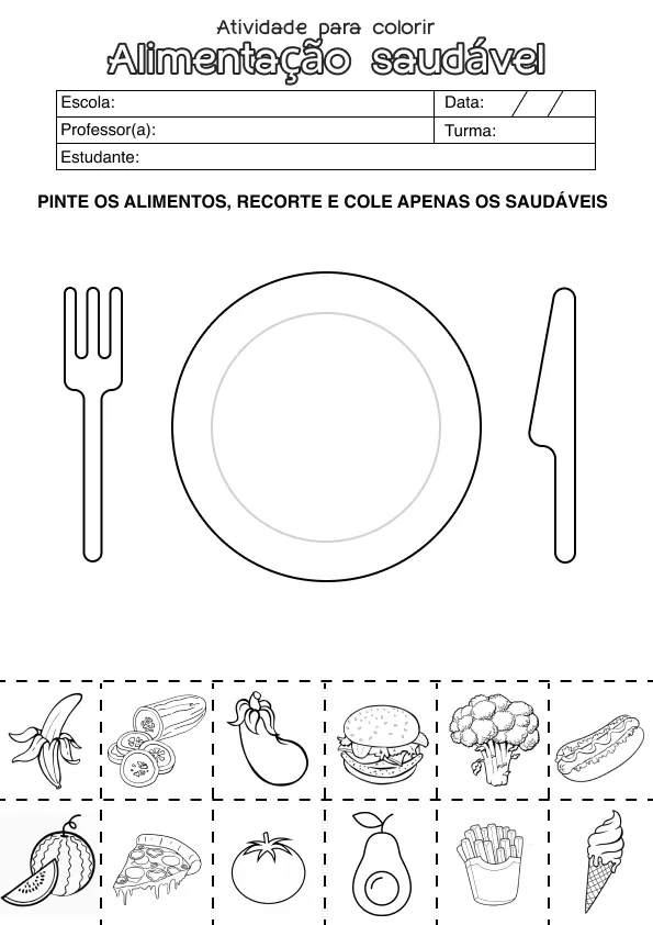 Atividade de alfabetização sobre comida saudável