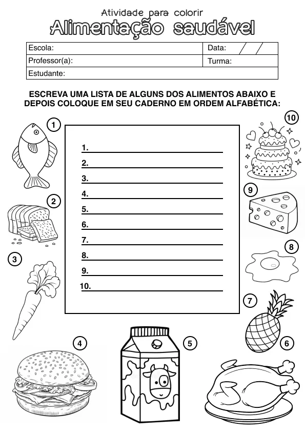 Atividade de alfabetização sobre comida saudável