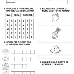 Atividade de alfabetização sobre comida saudável para imprimir e colorir