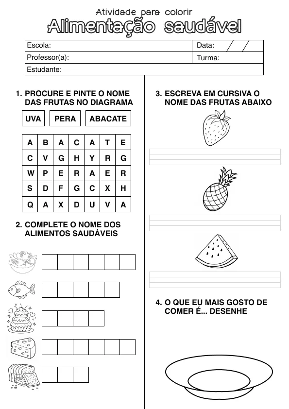 Atividade de alfabetização sobre comida saudável