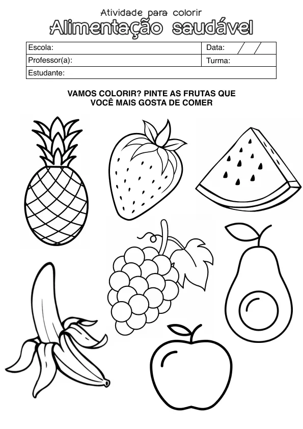 Atividade de alfabetização sobre comida saudável