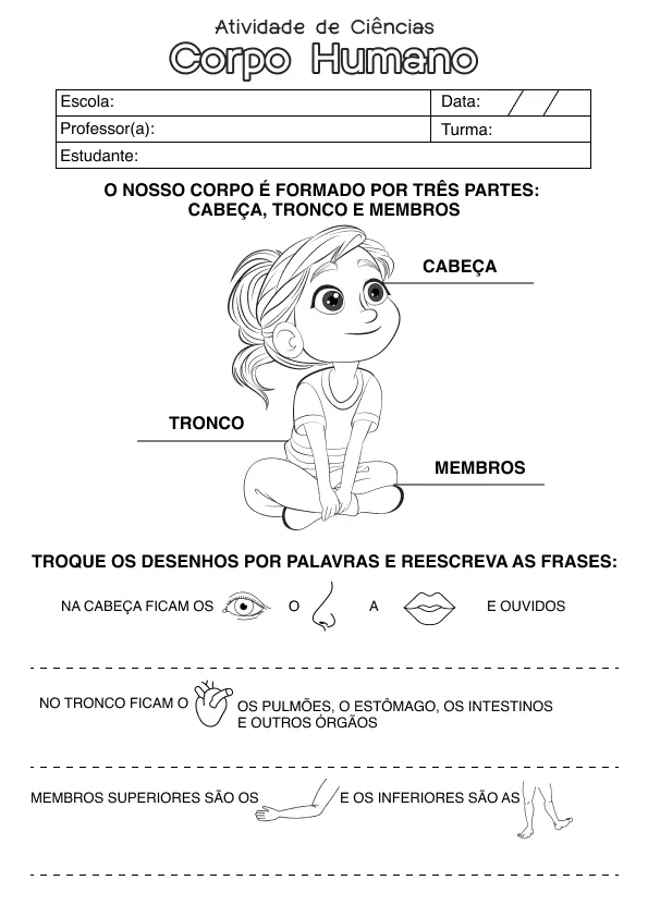 Atividade de alfabetização sobre corpo humano