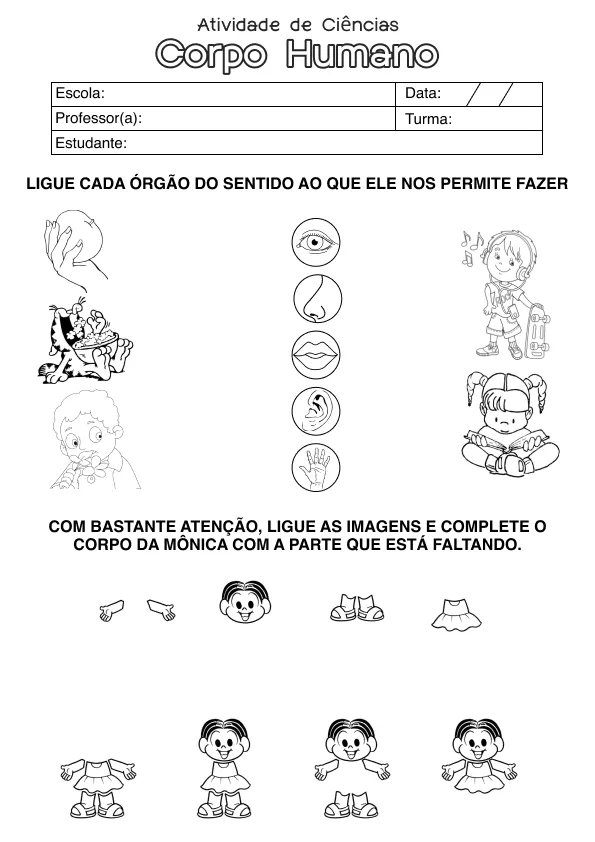 Atividade de alfabetização sobre corpo humano