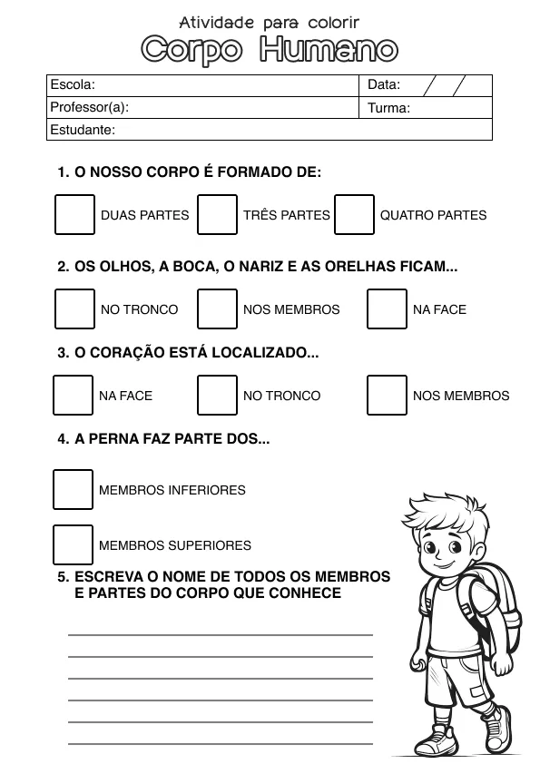 Atividade de alfabetização sobre corpo humano