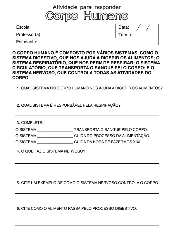 Atividade de alfabetização sobre corpo humano