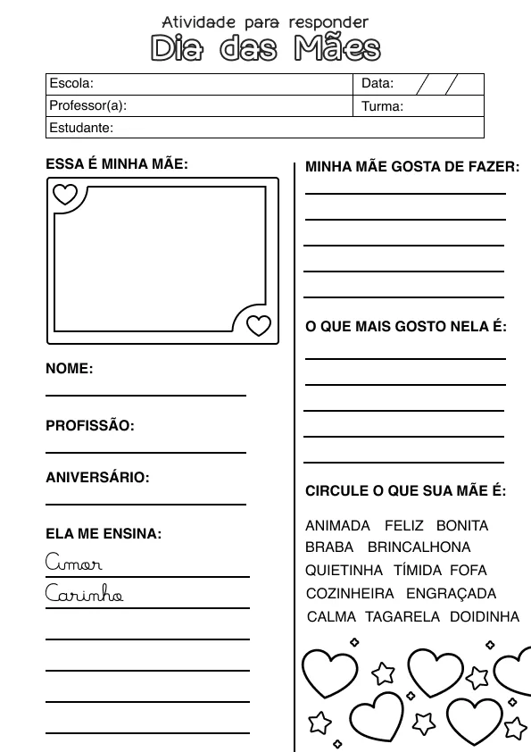 Atividade de alfabetização de Dia das Mães