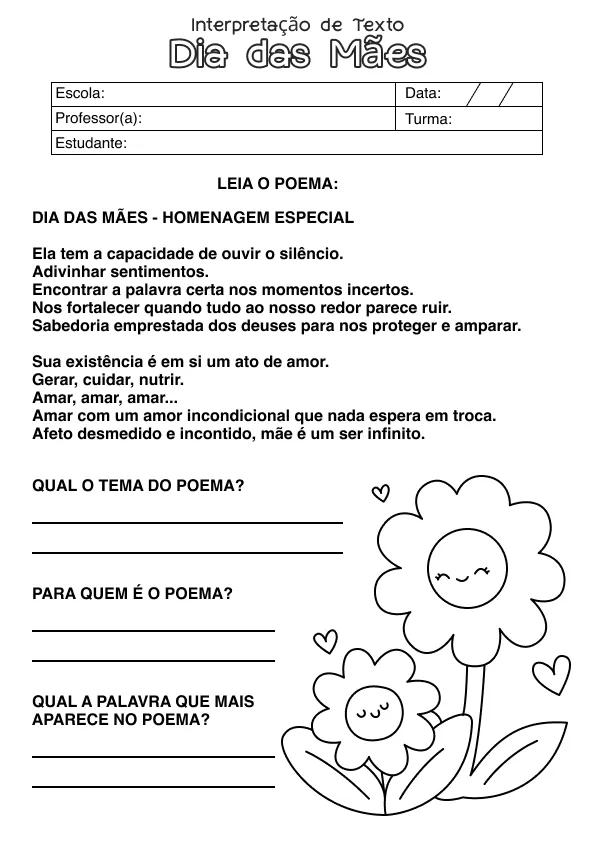 Atividade de alfabetização de Dia das Mães