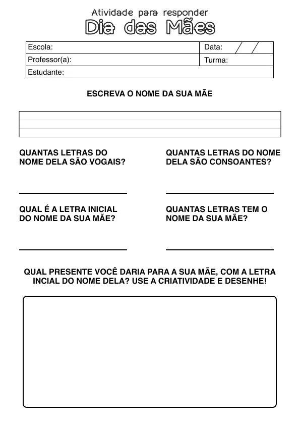 Atividade de alfabetização de Dia das Mães