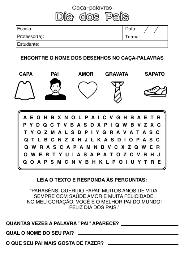 Atividade de alfabetização de Dia dos Pais