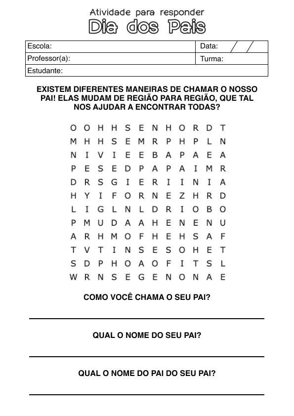 Atividade de alfabetização de Dia dos Pais