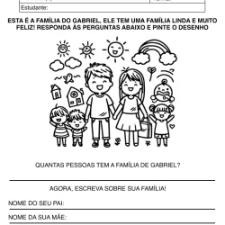 Atividade de alfabetização sobre família para imprimir e colorir