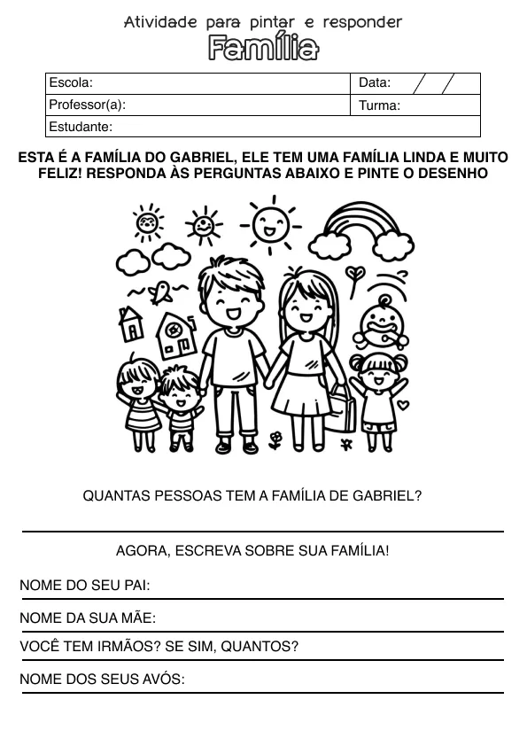 Atividade de alfabetização sobre família
