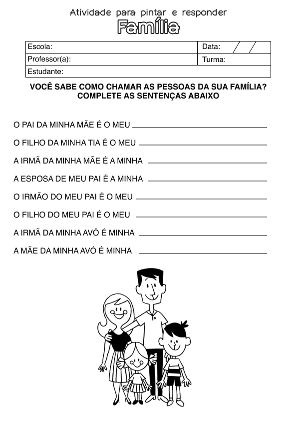 Atividade de alfabetização sobre Família