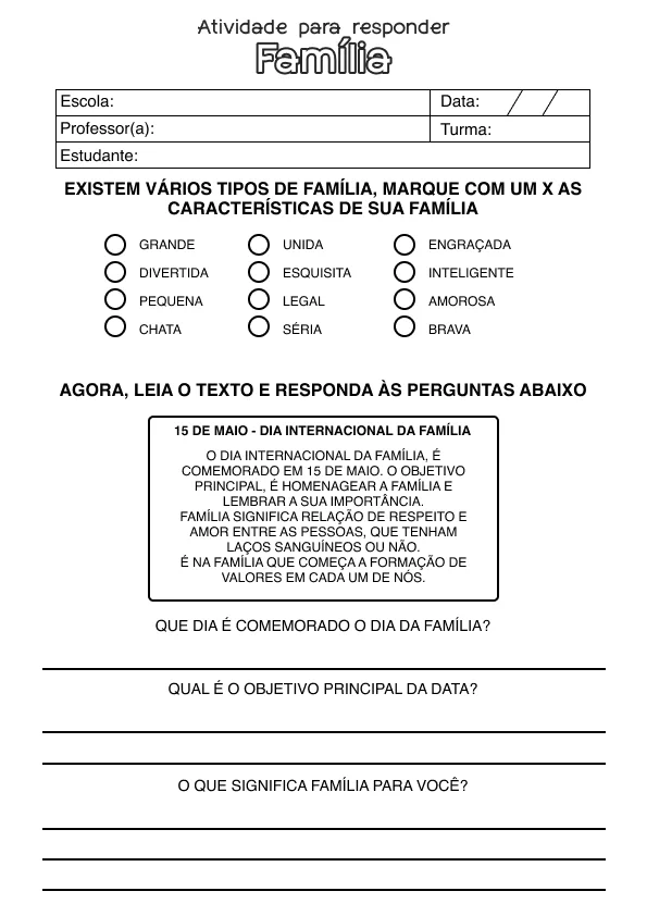 Atividade de alfabetização sobre família