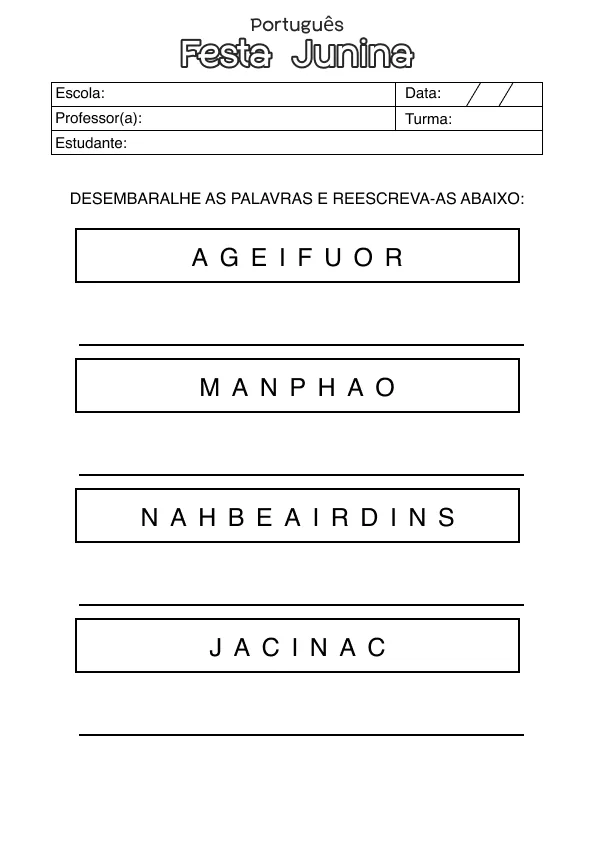 Atividade de alfabetização sobre Festa Junina