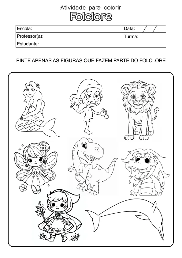 Atividade de alfabetização sobre folclore