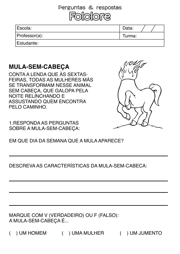 Atividade de alfabetização sobre folclore