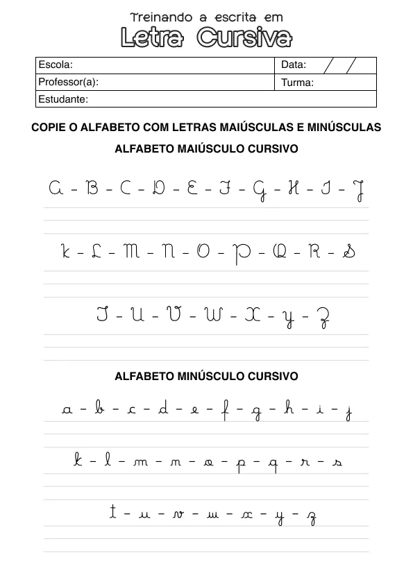 Atividade de alfabetização sobre Letras Cursivas