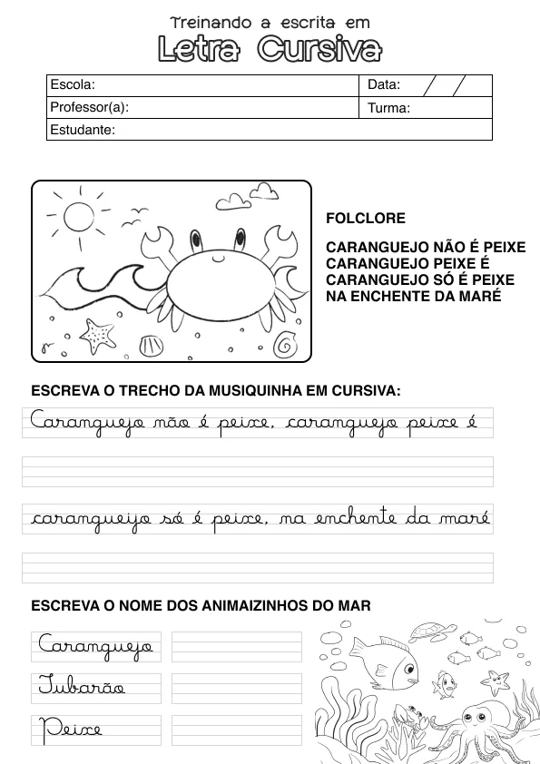 Atividade de alfabetização sobre letras cursivas