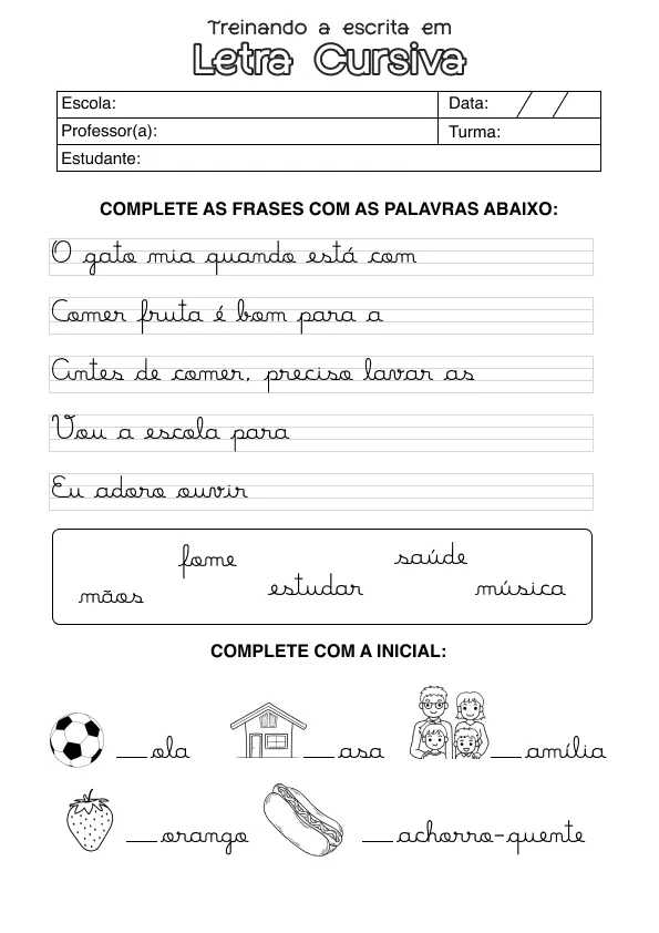 Atividade de alfabetização sobre letras cursivas