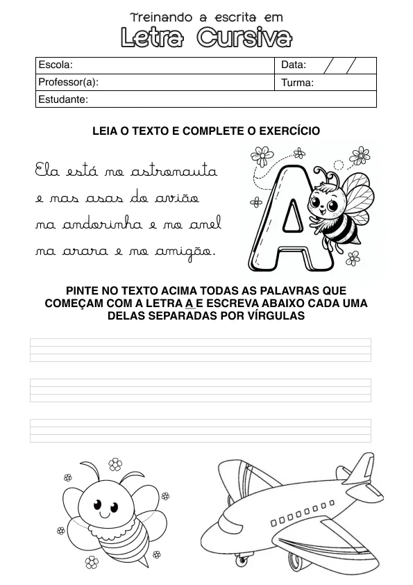 Atividade de alfabetização sobre letras cursivas