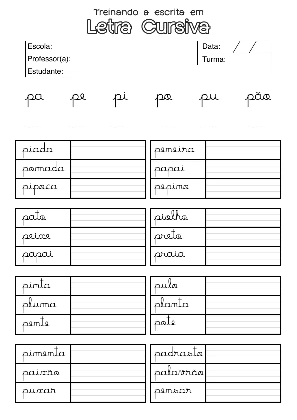 Atividade de alfabetização sobre letras cursivas