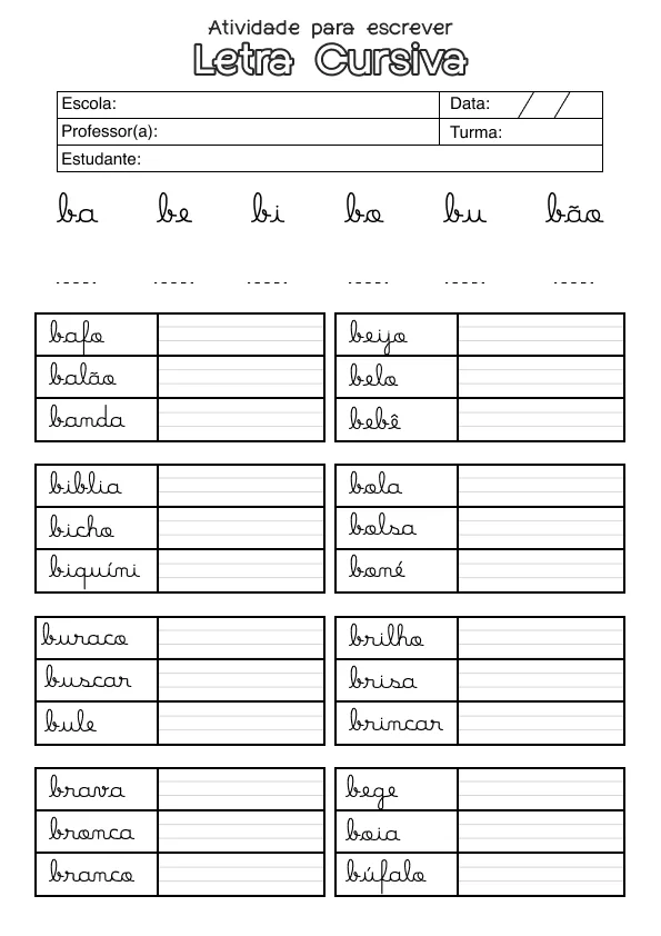 Atividade de alfabetização sobre letras cursivas