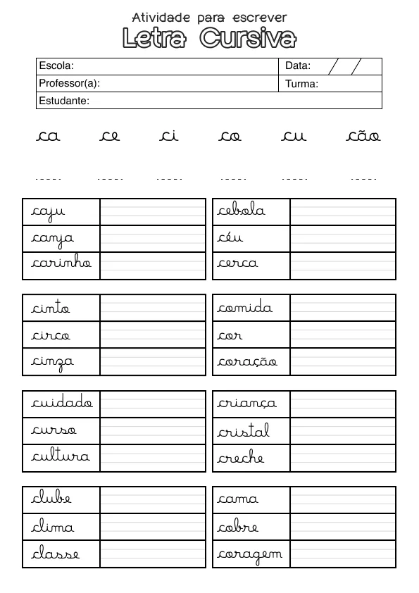 Atividade de alfabetização sobre letras cursivas