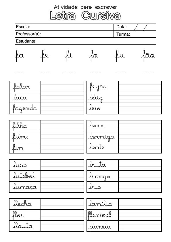 Atividade de alfabetização sobre letras cursivas