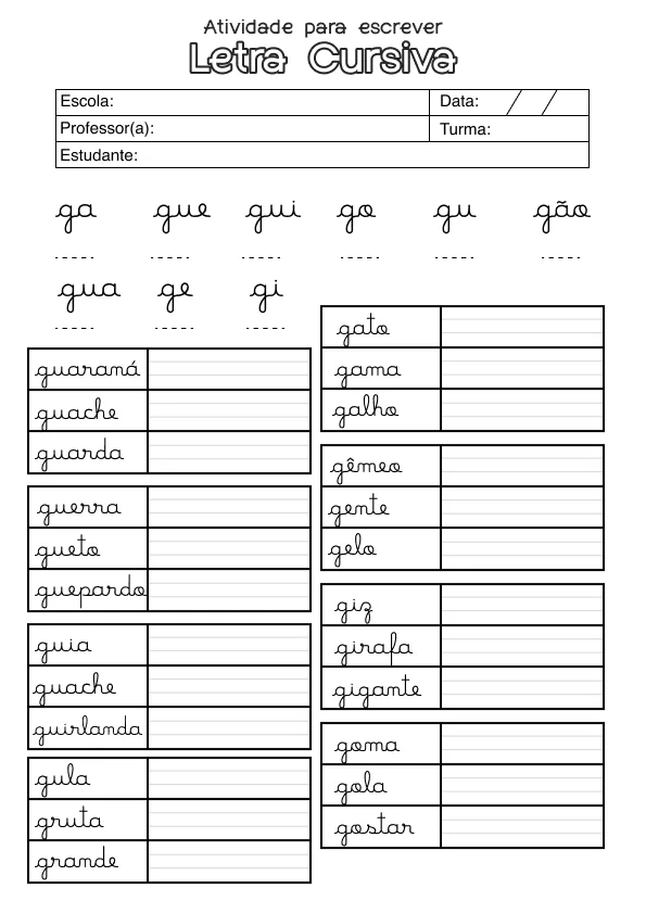 Atividade de alfabetização sobre letras cursivas