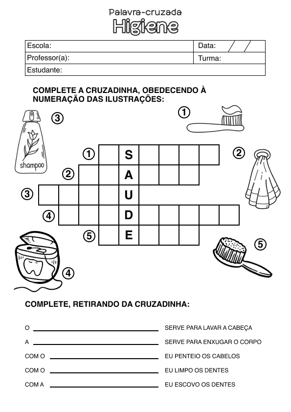 Atividade de alfabetização sobre higiene