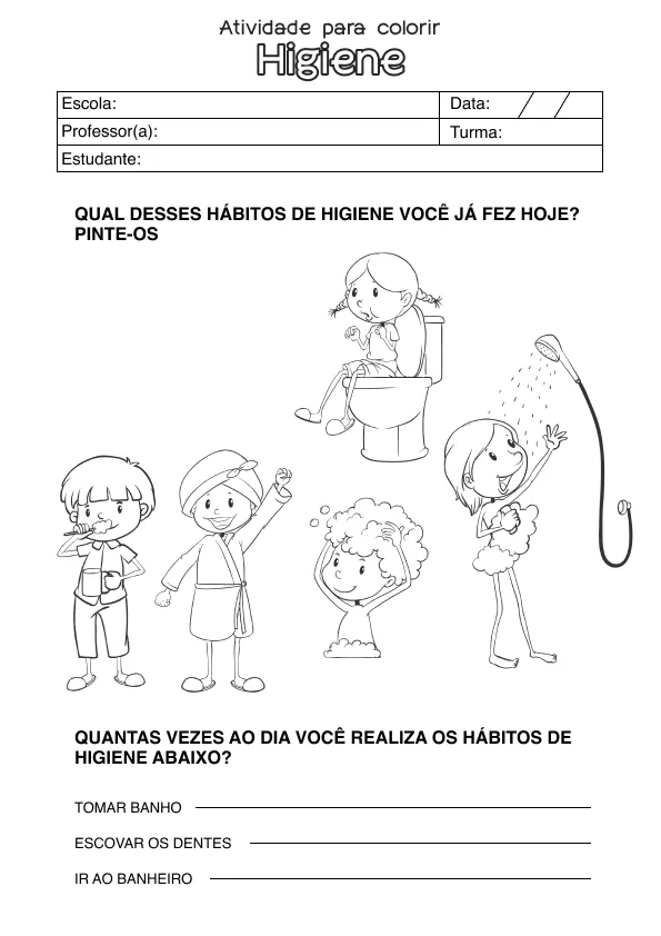 Atividade de alfabetização sobre higiene