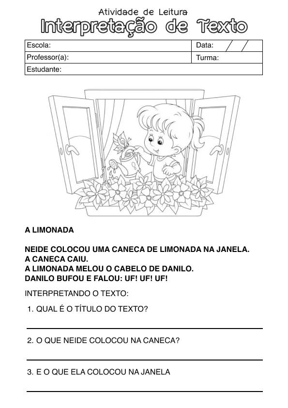 Atividade de alfabetização sobre leitura e interpretação de texto