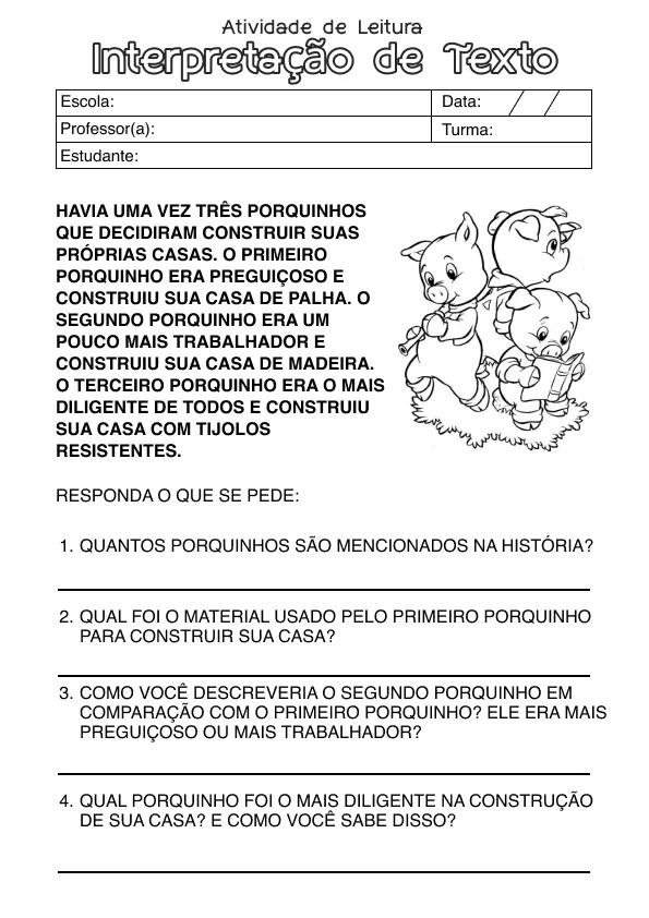 Atividade de alfabetização sobre leitura e interpretação de texto