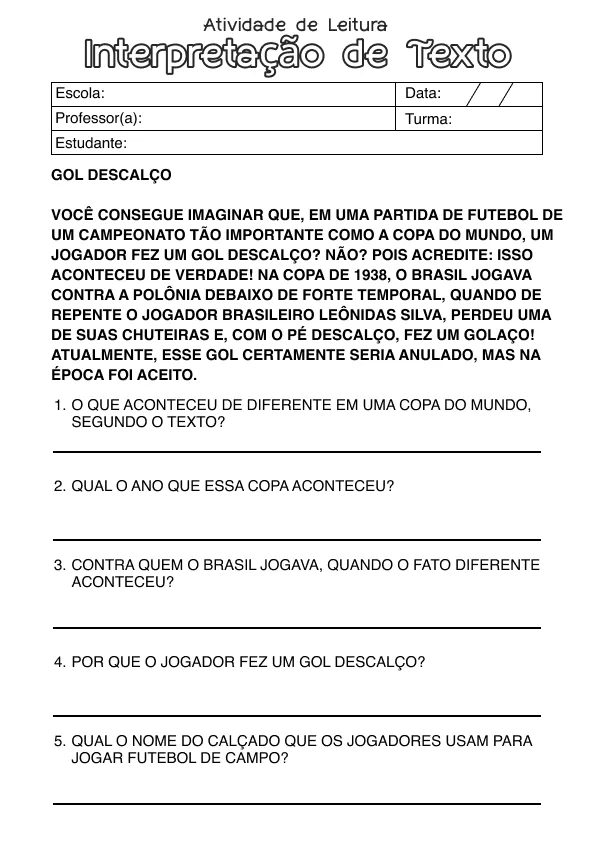 Atividade de alfabetização sobre leitura e interpretação de texto