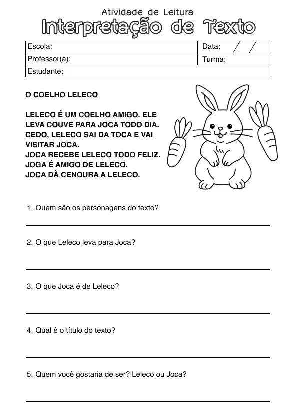 Atividade de alfabetização sobre leitura e interpretação de texto
