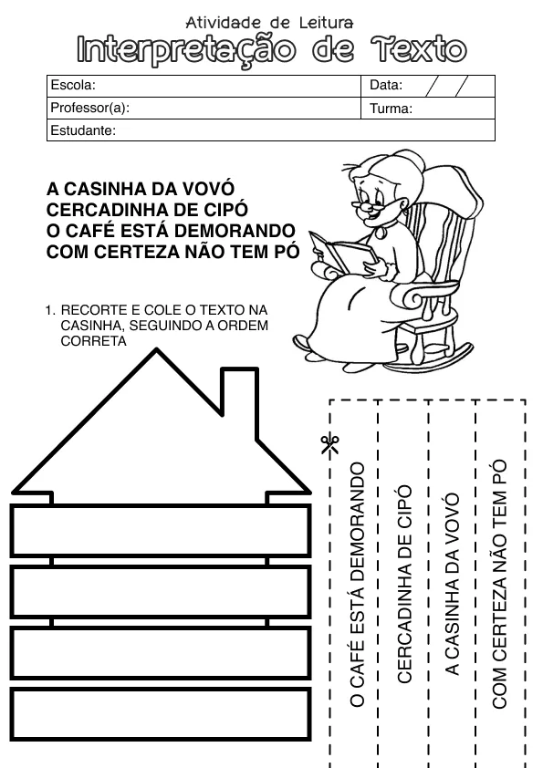 Atividade de alfabetização sobre leitura e interpretação de texto