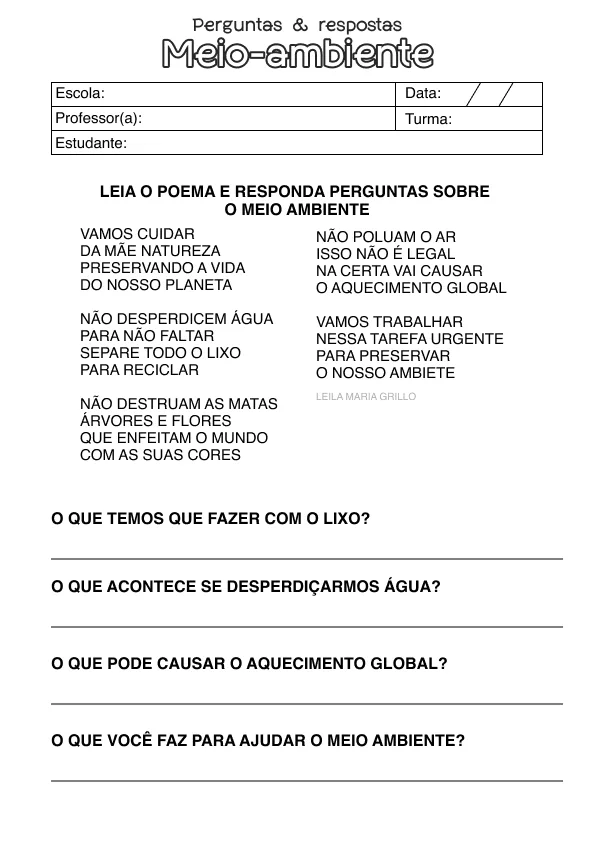 Atividade de alfabetização sobre meio ambiente
