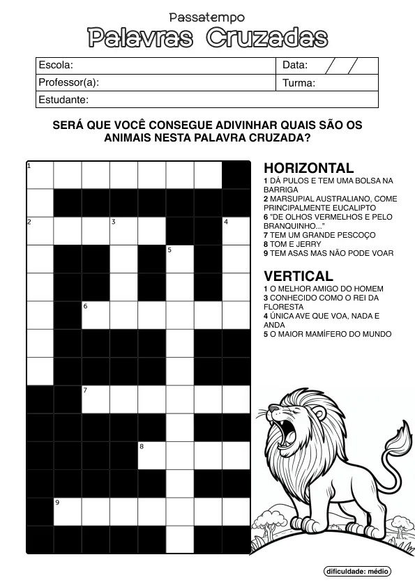 Atividade de alfabetização de palavras cruzadas