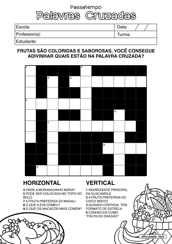 Atividade de alfabetização de palavras cruzadas