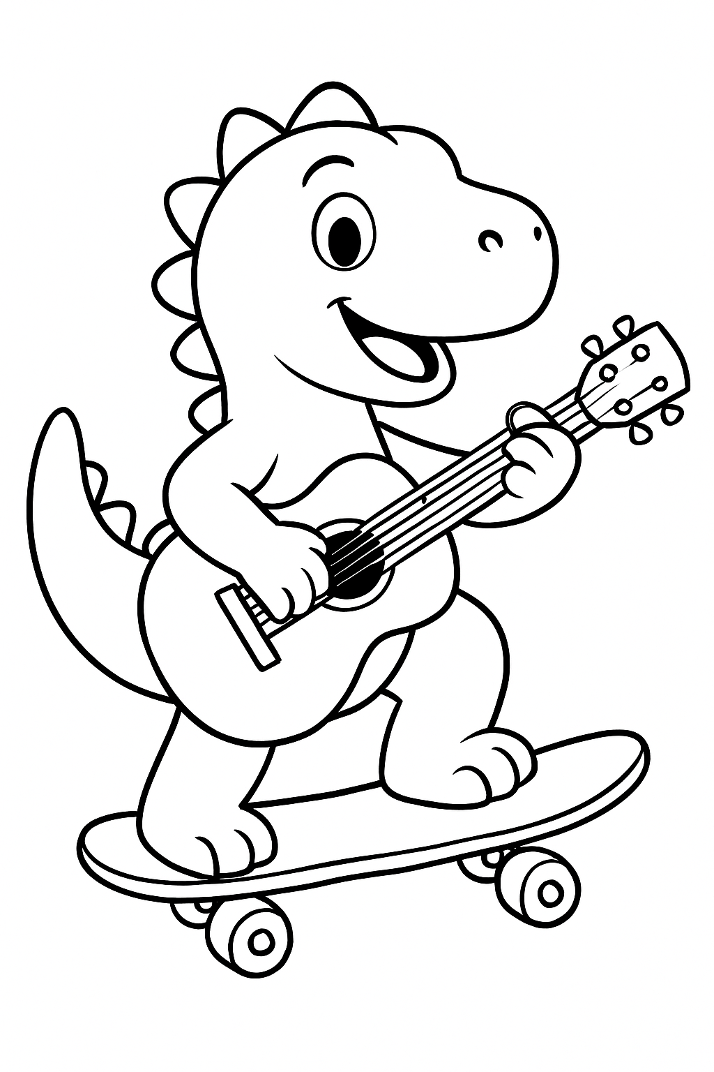 dinossauro andando de skate e tocando guitarra para colorir