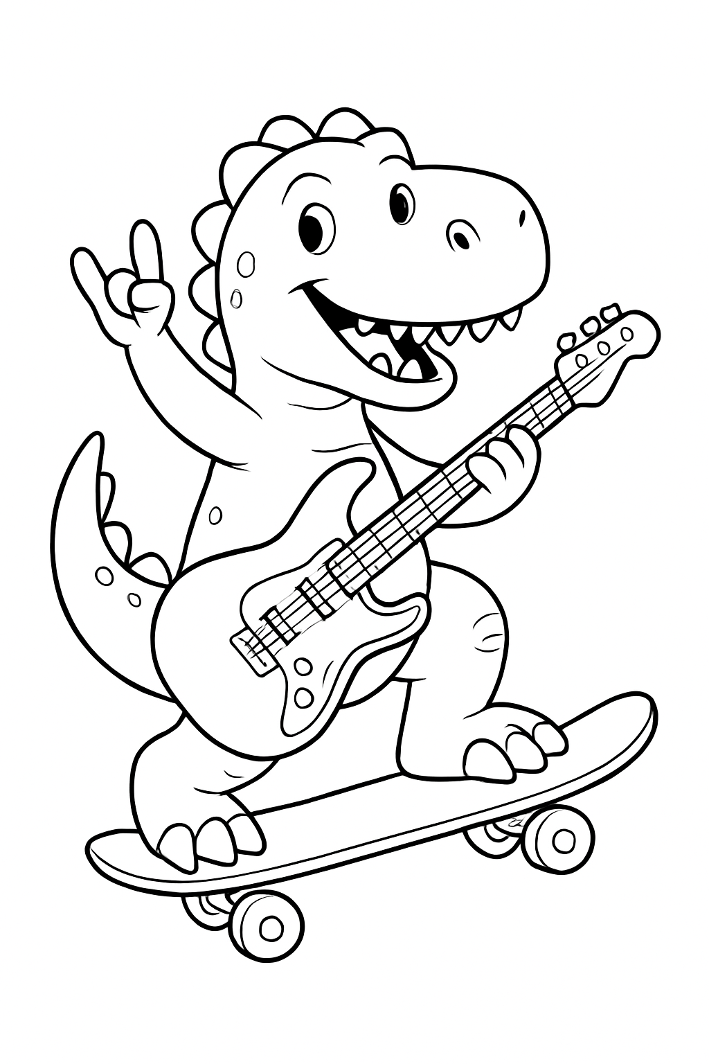 dinossauro andando de skate e tocando guitarra e rock roll para colorir