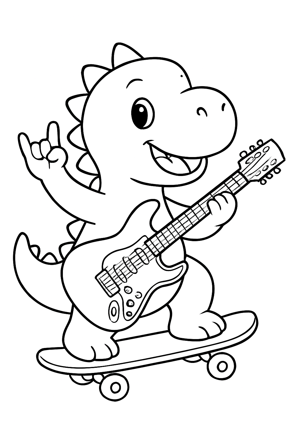 dinossauro fofinho andando de skate e tocando guitarra e rock roll para colorir